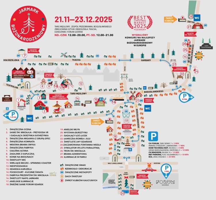 Mapa del mercado navideño de Gdansk 2025 (fuente: www.bozonarodzeniowy.pl)